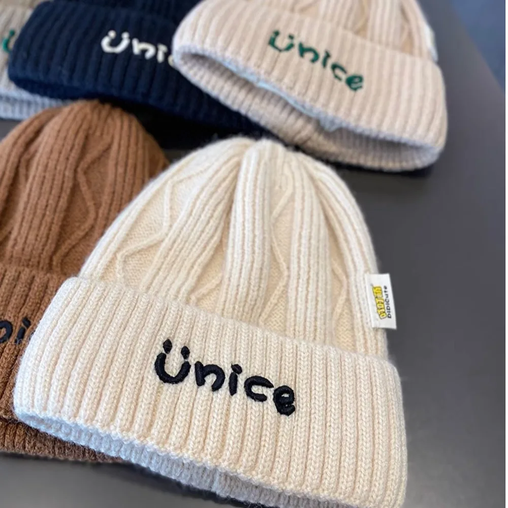 High Quality Thick Knitted Wool Hat Embroidery Letter Velvet Lining Winter Warm Cap Durable Unisex Baby Bonnet for 1-6year Kids