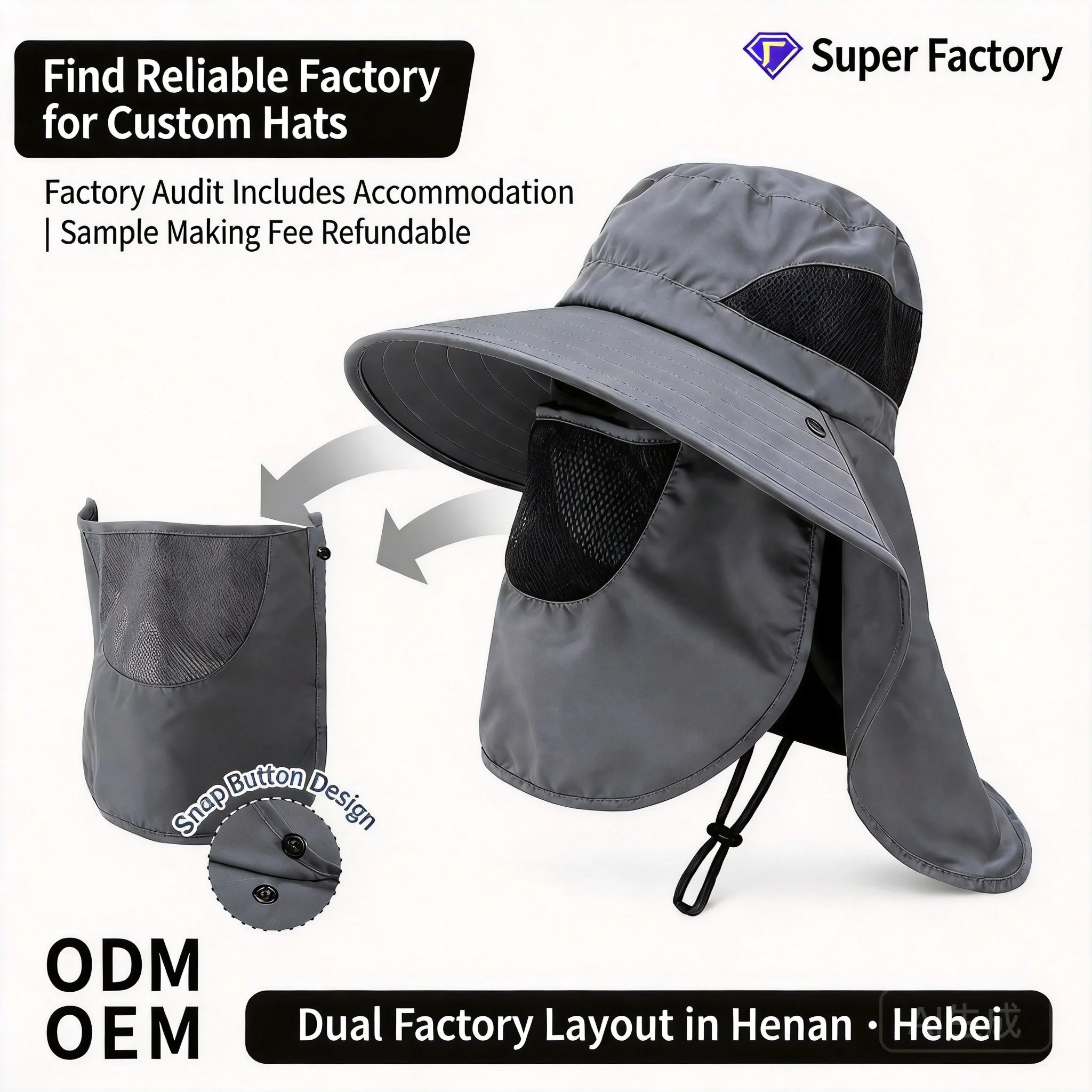 100% Cotton Wide Brim Uv Resistant Bucket Hat Breathable Mesh Detachable Neck Face Flap Adjustable Customizable For Outdoor Hiki
