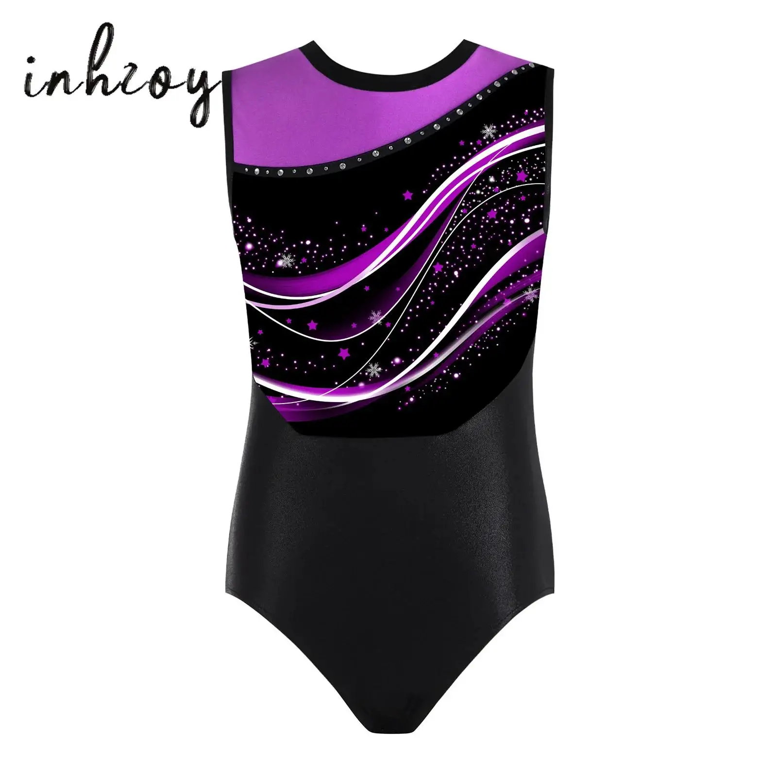 

Kids Girls Stylish Print Gymnastics Ballet Dance Leotard Round Neck Sleeveless Patchwork Bodysuit for Figure Skating Performance