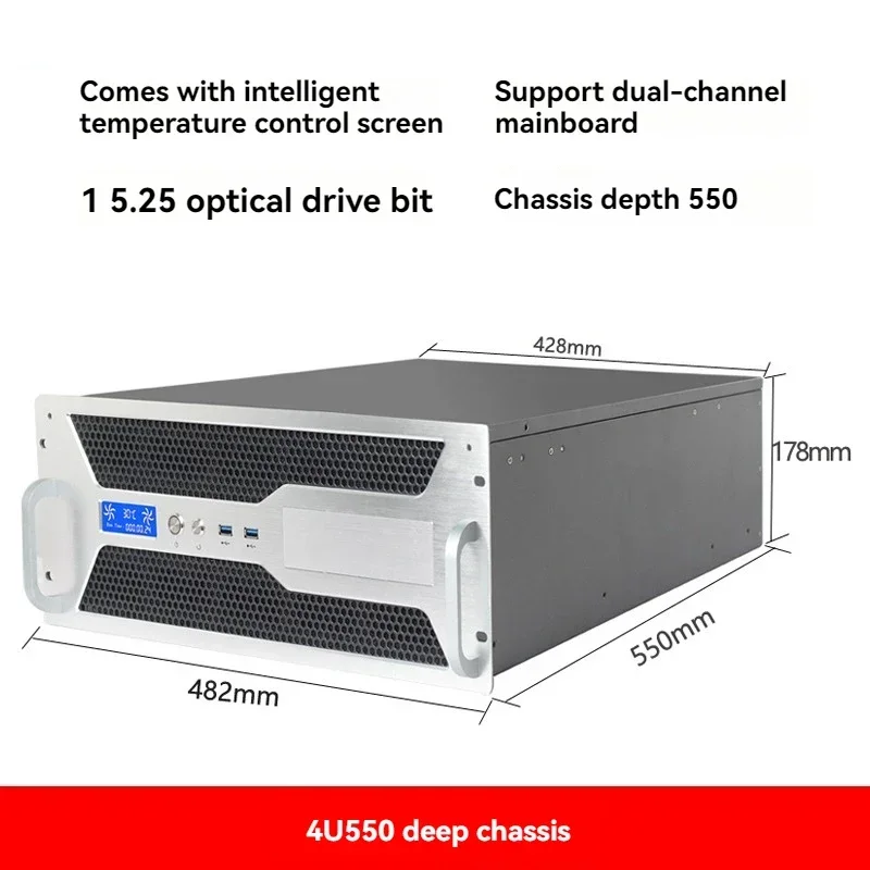 Industrial-grade 4U rackmount chassis with temperature display, supporting ATX motherboards, USB 3.0, and 7 expansion slots.
