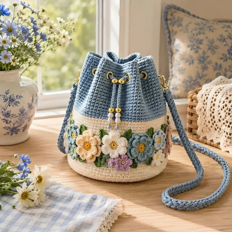 Handmade Crochet Bucket Bag Flower Tote Knit Floral Purse Bag Woven Embroidery Handbags Crossbody ShoulderBag for Women Vacation