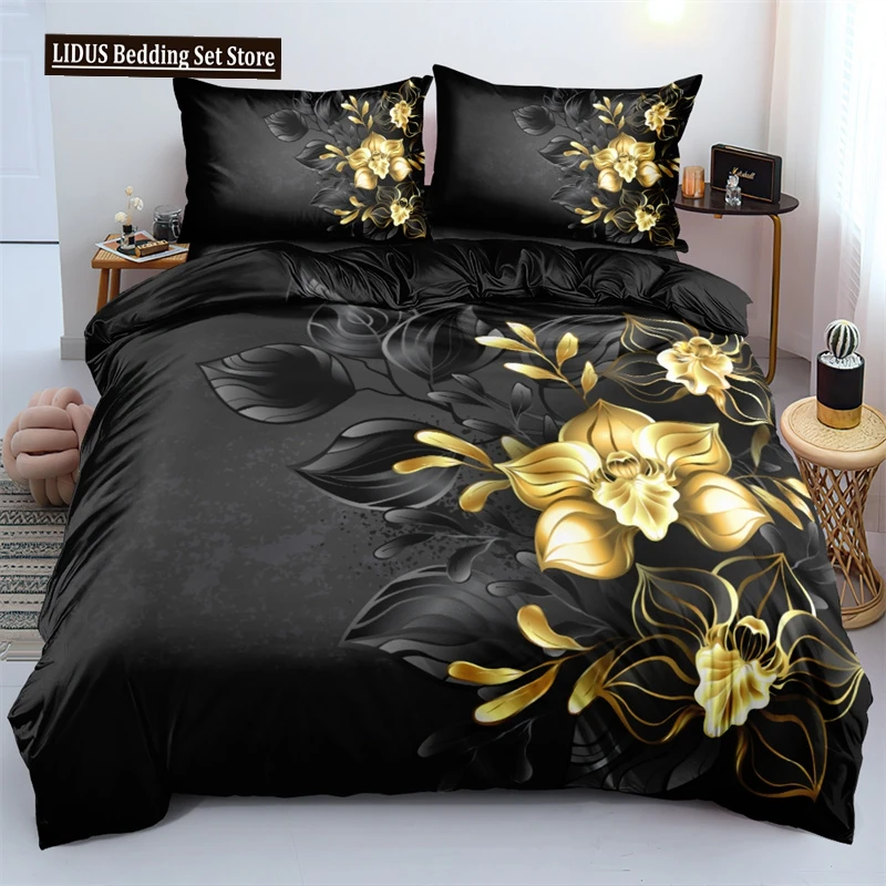 

3D Design Flower Duvet Cover Sets King Queen Twin Size Floral Print Bedding Set Bedroom Decor Dark Gold Flowers For Girls Women