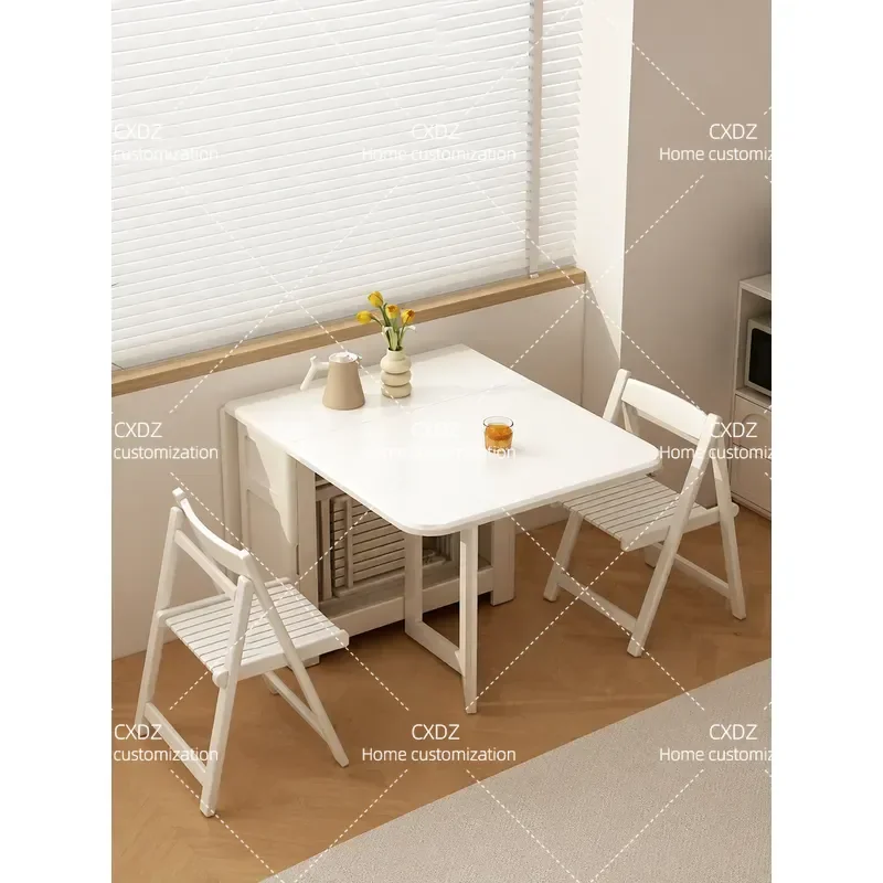 Cream Style Solid Wood Folding Dining Table Set Retractable Mobile Small Apartment Household Induction Cooker Rock Slab Top