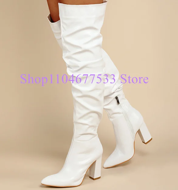 

Новые женские длинные сапоги на массивном каблуке, модные черные, белые кожаные женские сапоги выше колена на толстом каблуке, сексуальные банкетные туфли большого размера