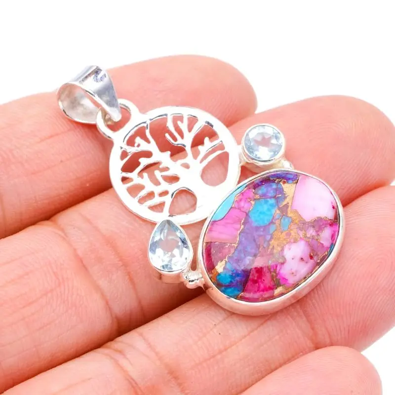 StarGems® Natural Copper Chalcedony Blue Topaz TreeHandmade 925 Sterling Silver Pendant 1.75