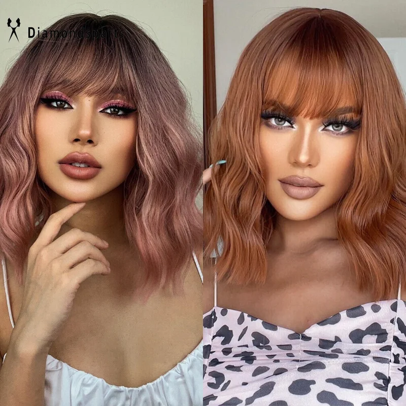 

Natural Ombre Orange Pink Fanshion Hair Wigs Women Curly Wig with Bangs Daily