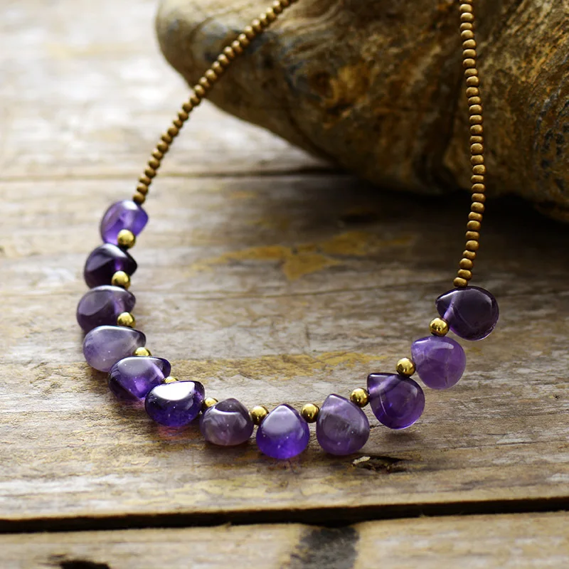 

Natural stone amethyst pendant water drop rice bead clavicle necklace