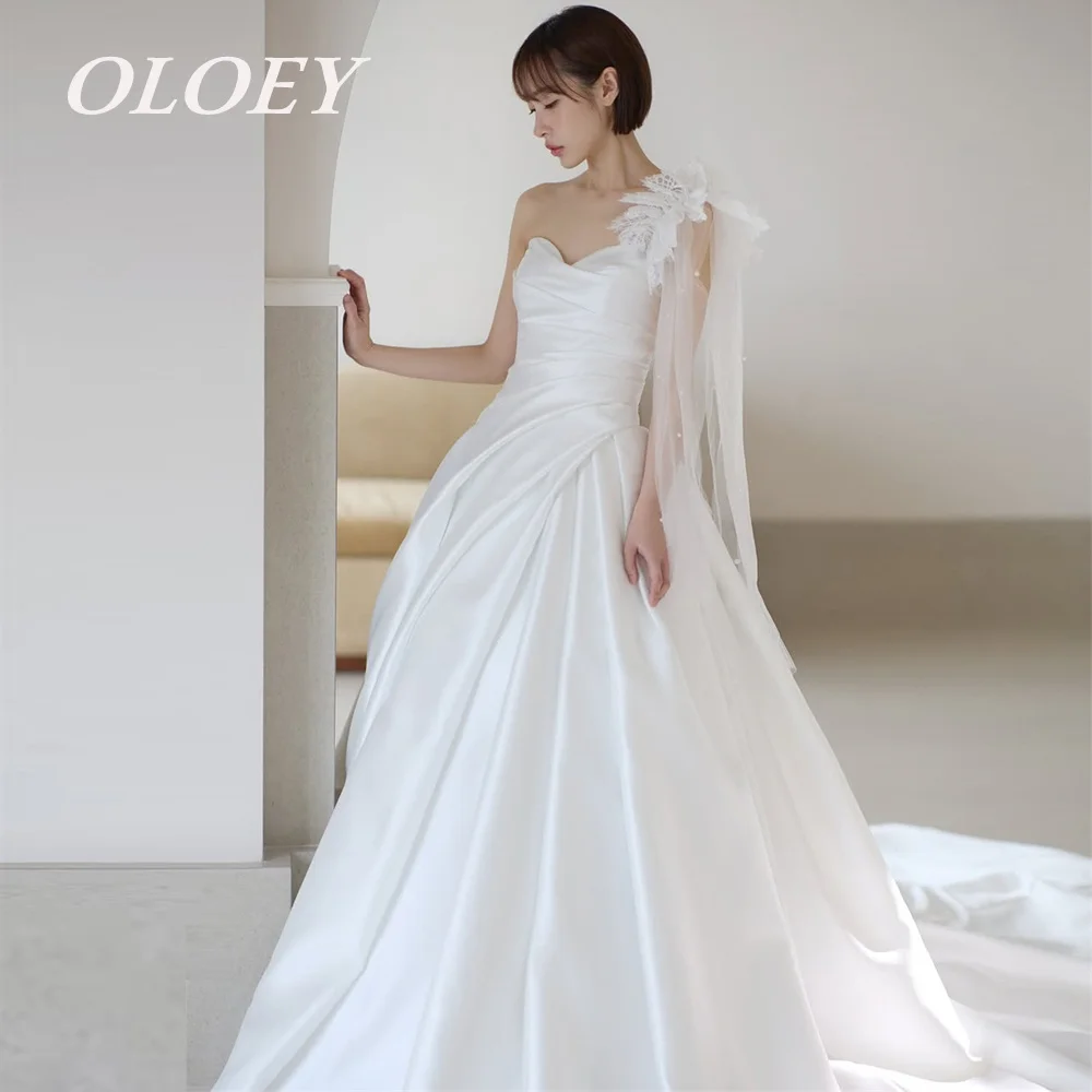 

OLOEY Luxury A Line Wedding Dresses Sweetheart Neck One Shoulder Bridal Gowns Korea Photos Shoot Corset Customized Sweep Train