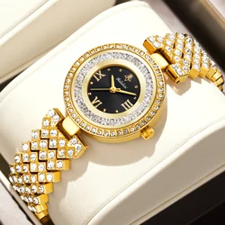 YaLaLuSi Top Luxury Brand Women's Watch Round Gold Case Black Dial Luxury Crystal Diamond Banquet Ion Plating Gift Box Regulator