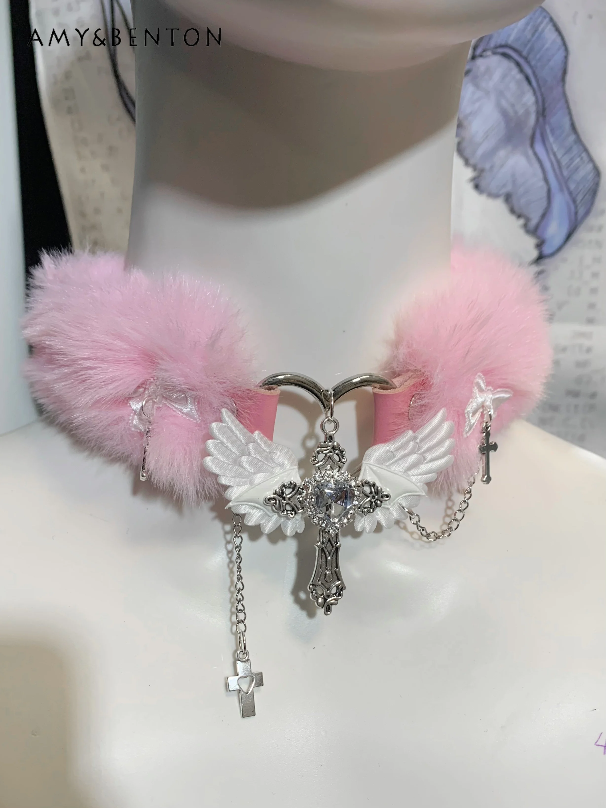 Original Subculture Plush Choker Mine System Two-dimensional Necklace Love Rhinestone Wings Cross Chain Pendant Cute Necklaces