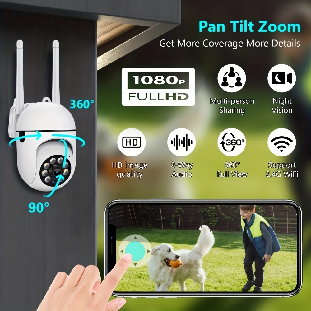 1PC Ease Life APP Wireless 1080P HD Indoor/Outdoor WiFi Security Camera, Color Night Vision, 2-Way Audio, 360° Pan/Tilt/Zoom, Mo