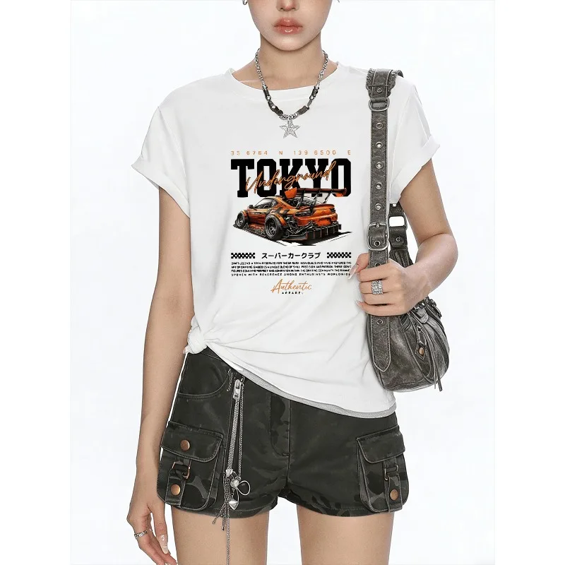 Trendy Women's Tokyo Sports Car Pattern T-shirt Four Seasons New Style Men's and Women's Same Style T-shirt