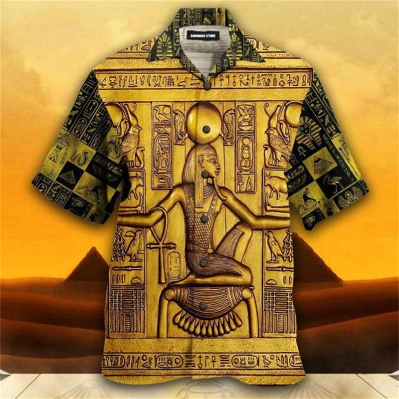 

Hawaiian Shirt Men's T-shirt Summer Retro Style Fashion Egyptian Pharaoh Print Short Sleeve Tee Shirts Quick Dry Men's Loose Top