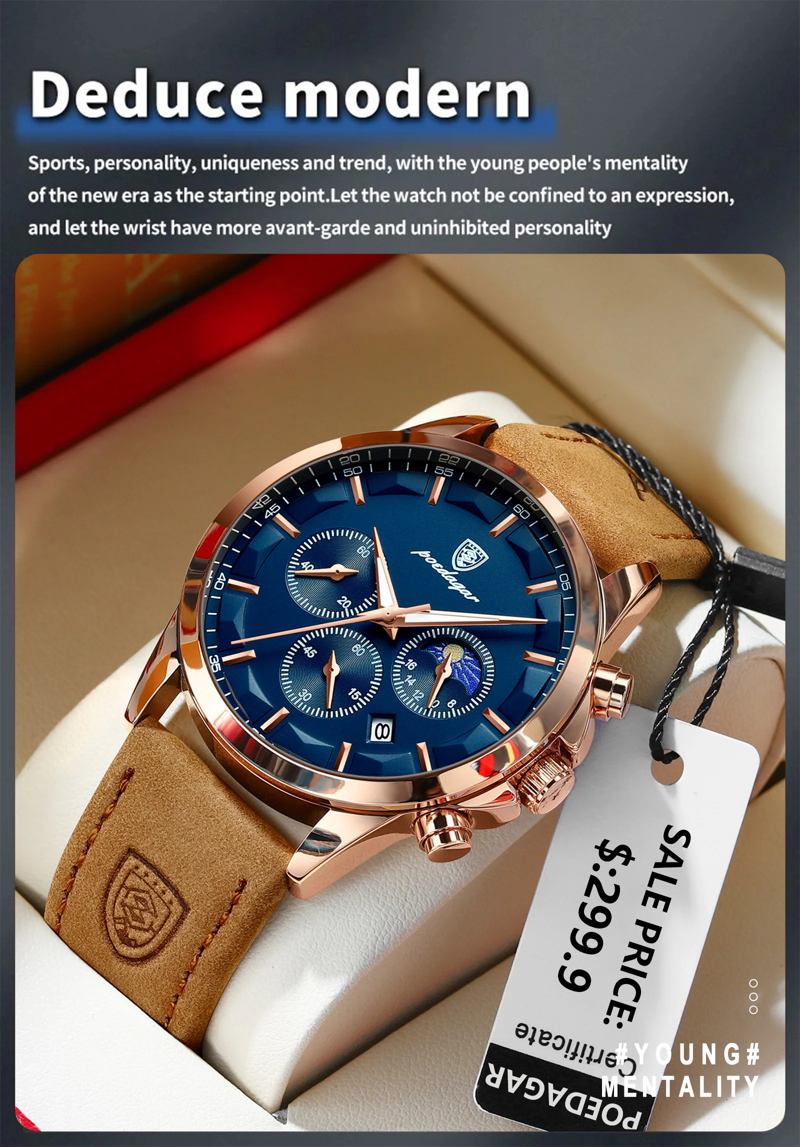 POEDAGAR Sport Luxus Männer Quarzuhr Wasserdicht Chronograph Leucht Datum Mann Armbanduhr Business Leder herren Uhren Uhr – Detail 5
