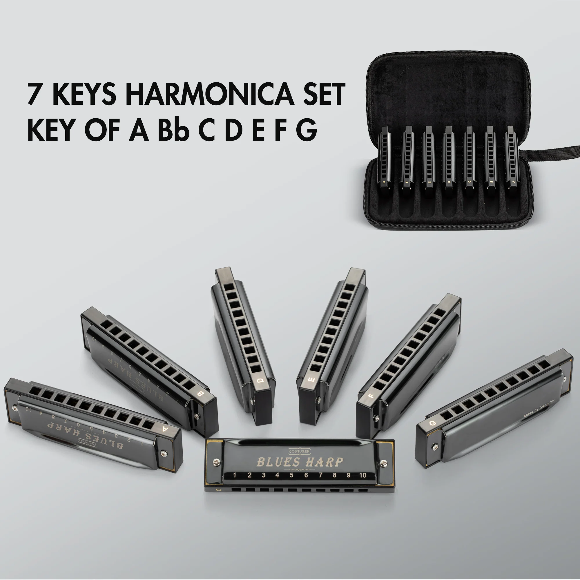 Conjurer 10 hole blues harmonica set of 7 keys with case for beginner professional adults gift