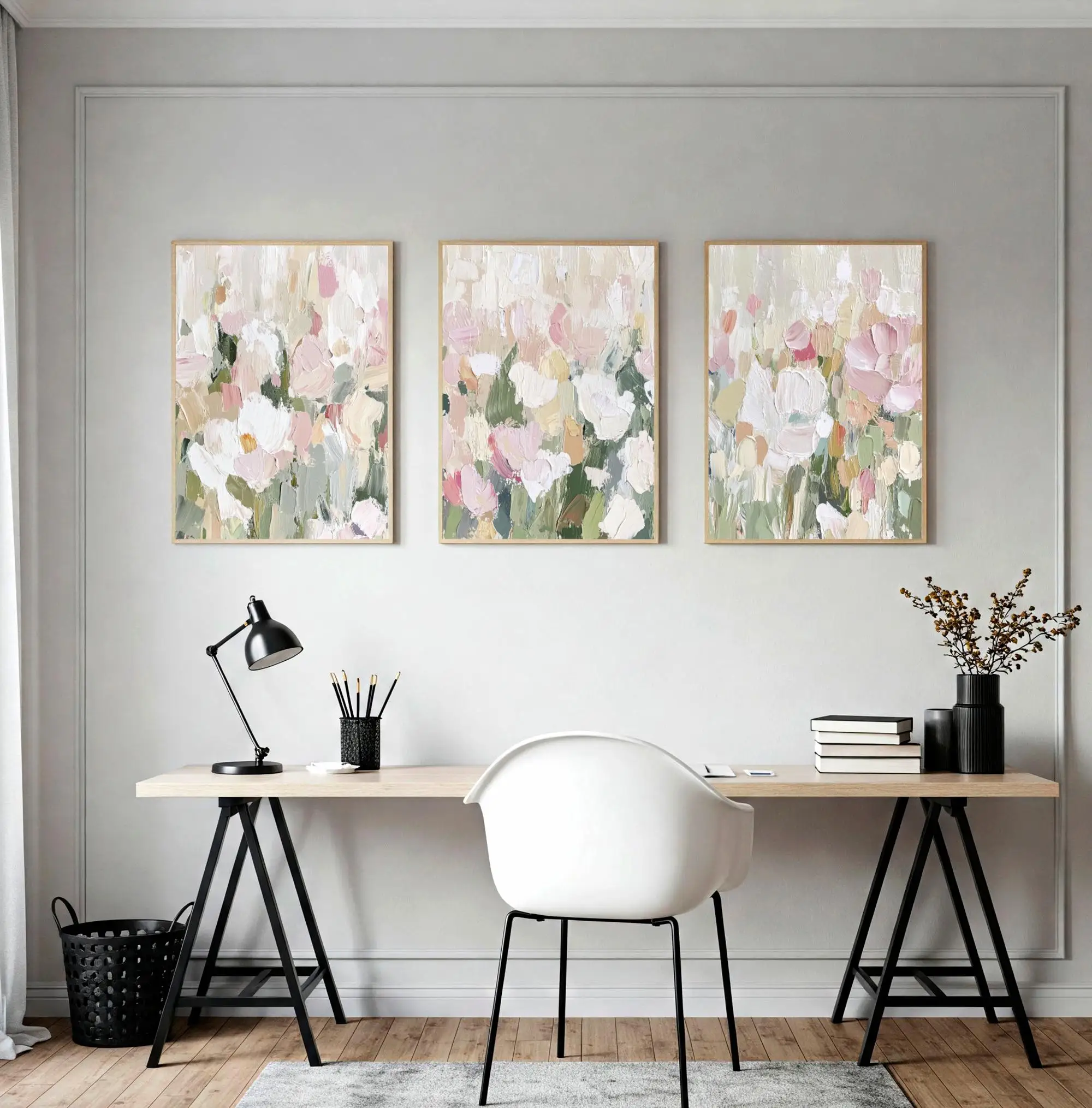 3PC frameless Impasto Textured Abstract Floral Wall Art Set, Soft Pink White Neutral Palette Knife Canvas Prints, Minimalist Boh view 5