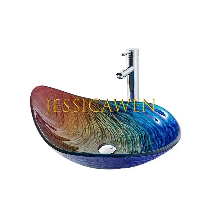 550*380*170mm Tempered Glass Bathroom Sinks Leaf Shape Countertop Art Basin Hotel Luxury Wash Basin with Faucet Drainer Set