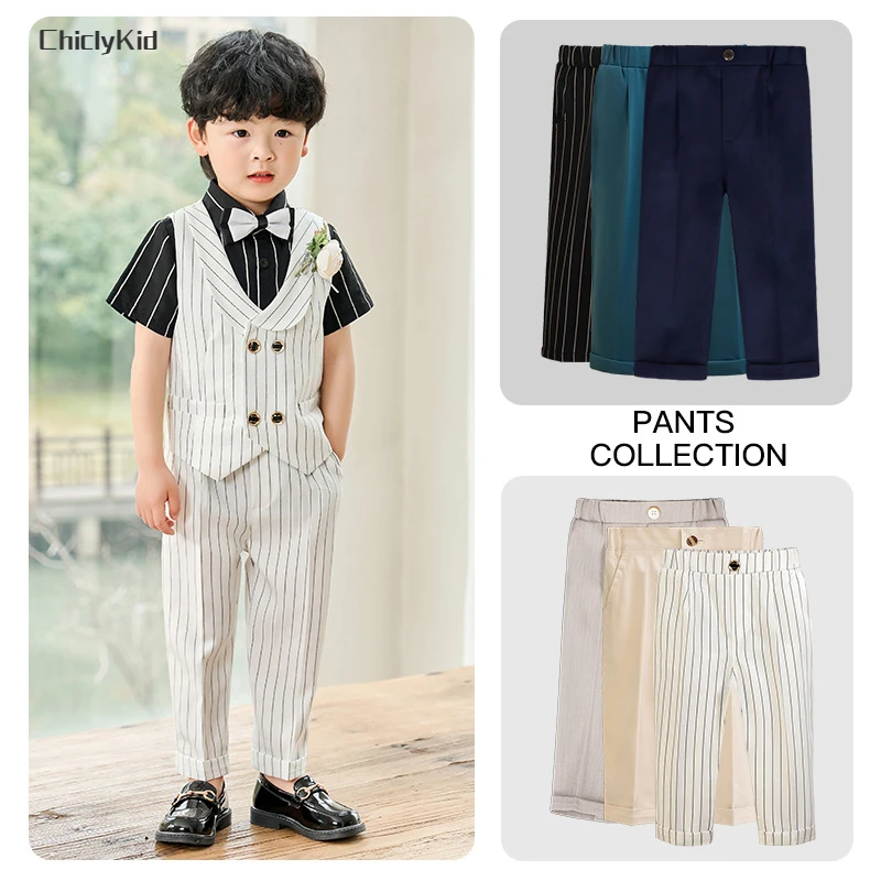 Kids Solid Color Suit Pant Child British Formal Wedding Casual Pants for Boys Teen Plaid Trousers Toddler Stripe Spring Clothes