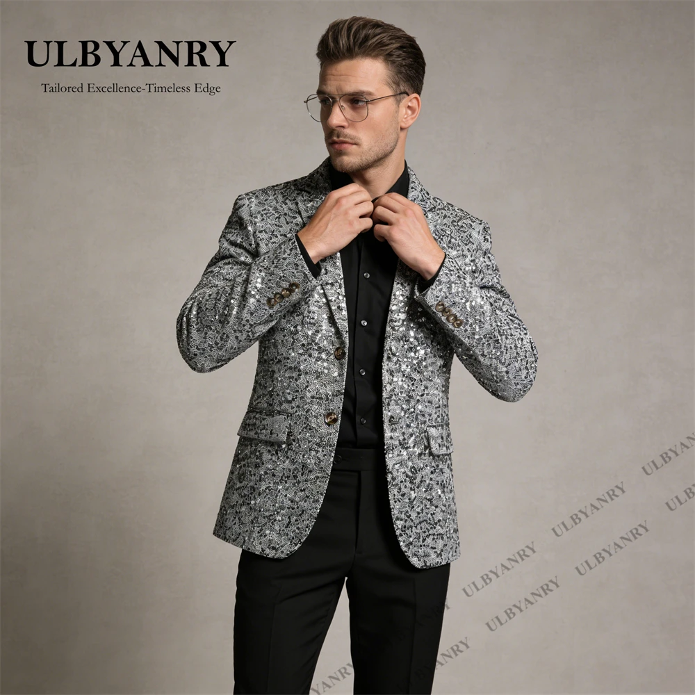 Silver Sequined Men's Suit Jacket for Stage Performance, Cocktail Party Gathering Formal Suit Blazer M-6XL Wedding Guest Suit