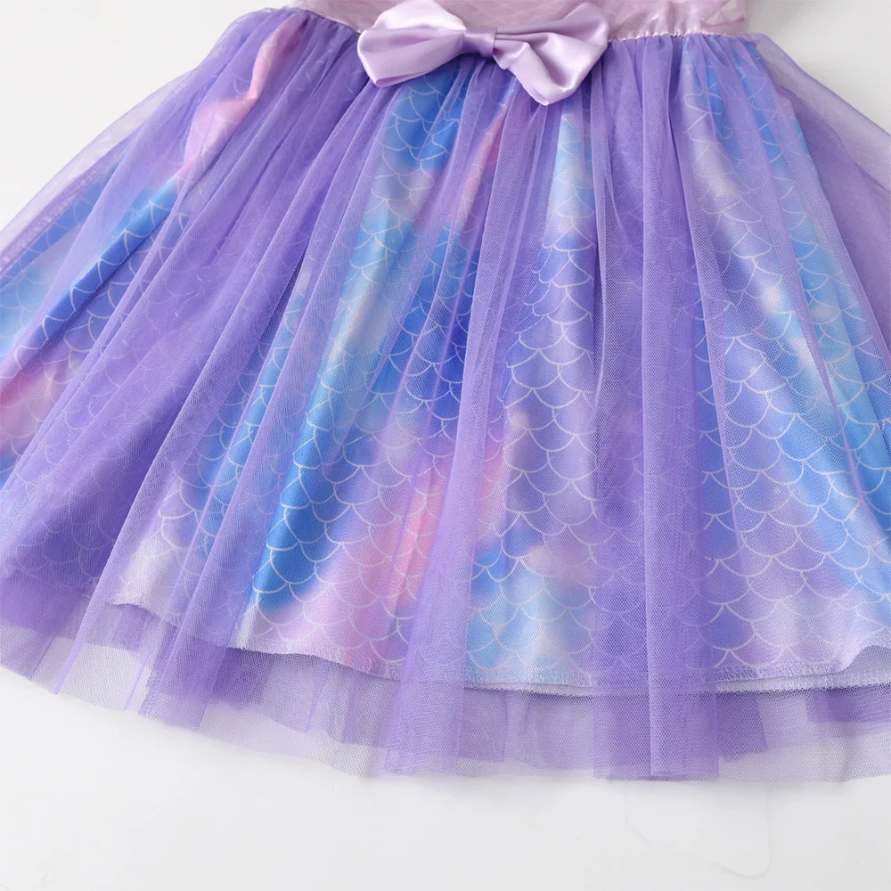Kinder-Tüllkleid mit Meerjungfrauenschuppen-Print, ärmellos, lila, Prinzessinnenkleid, flauschig, mit Schleifenknoten, Partykleid für Mädchen – Detail 10