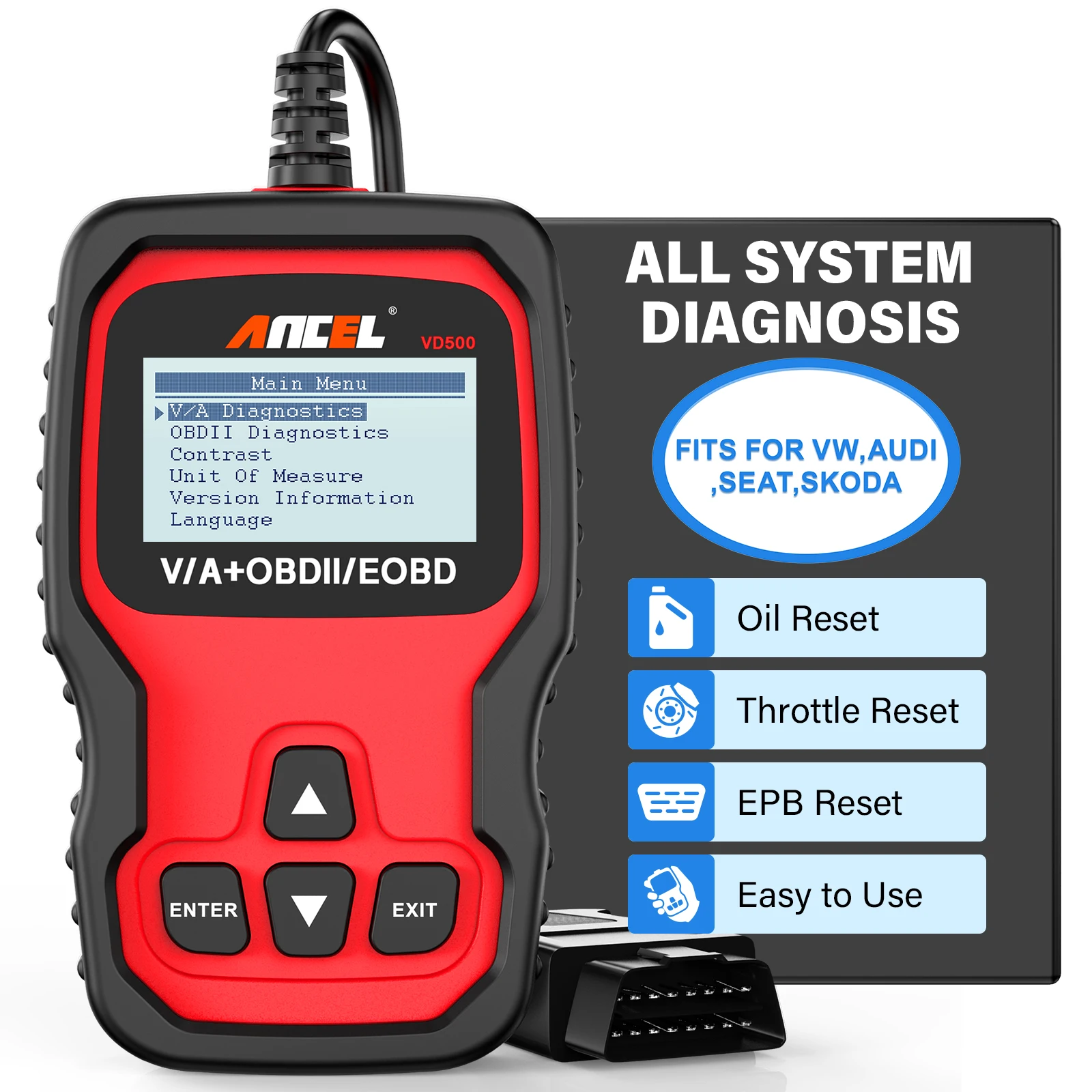 Ancel-escáner automotriz VD500 OBD2, herramientas de diagnóstico de coche, Airbag, ABS, EPB, reinicio de aceite, lector de código de sistema