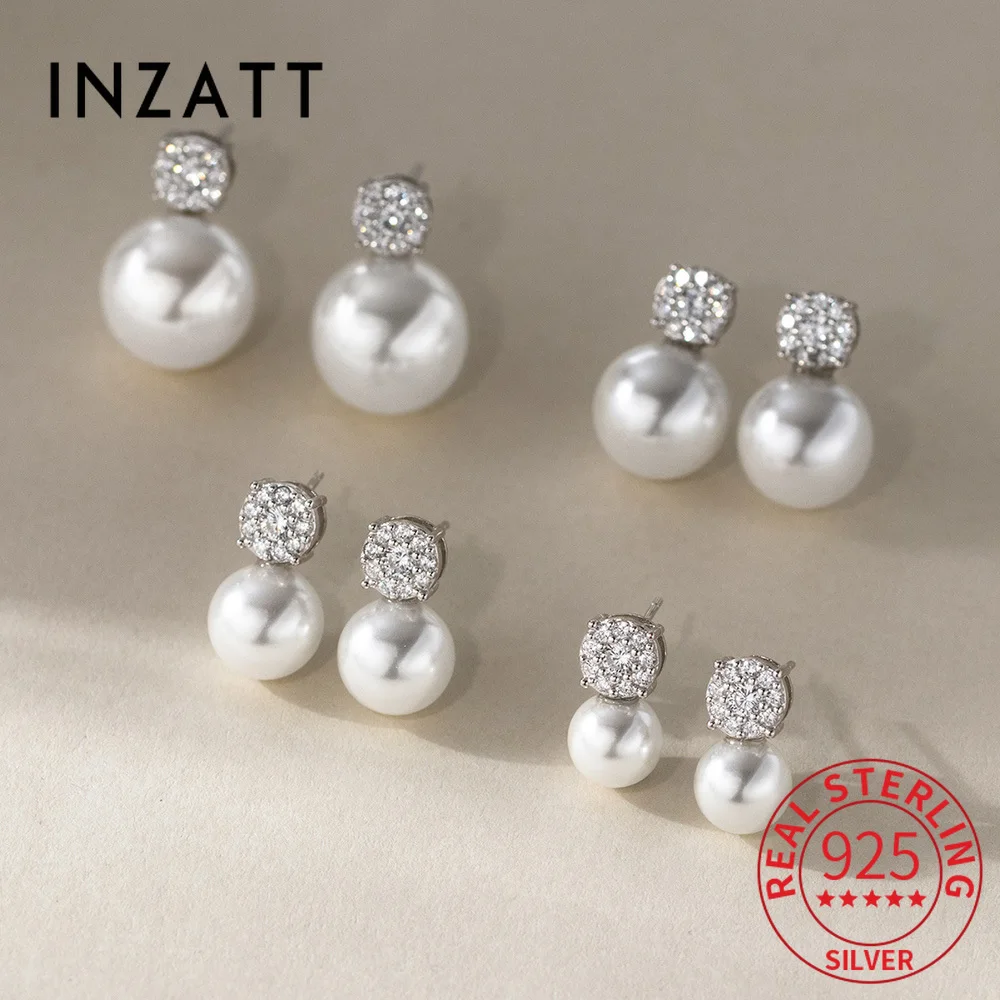 

INZATT Real 925 Sterling Silver Zircon Round Pearl Stud Earrings For Women Classic Fine Jewelry Light luxury Accessories