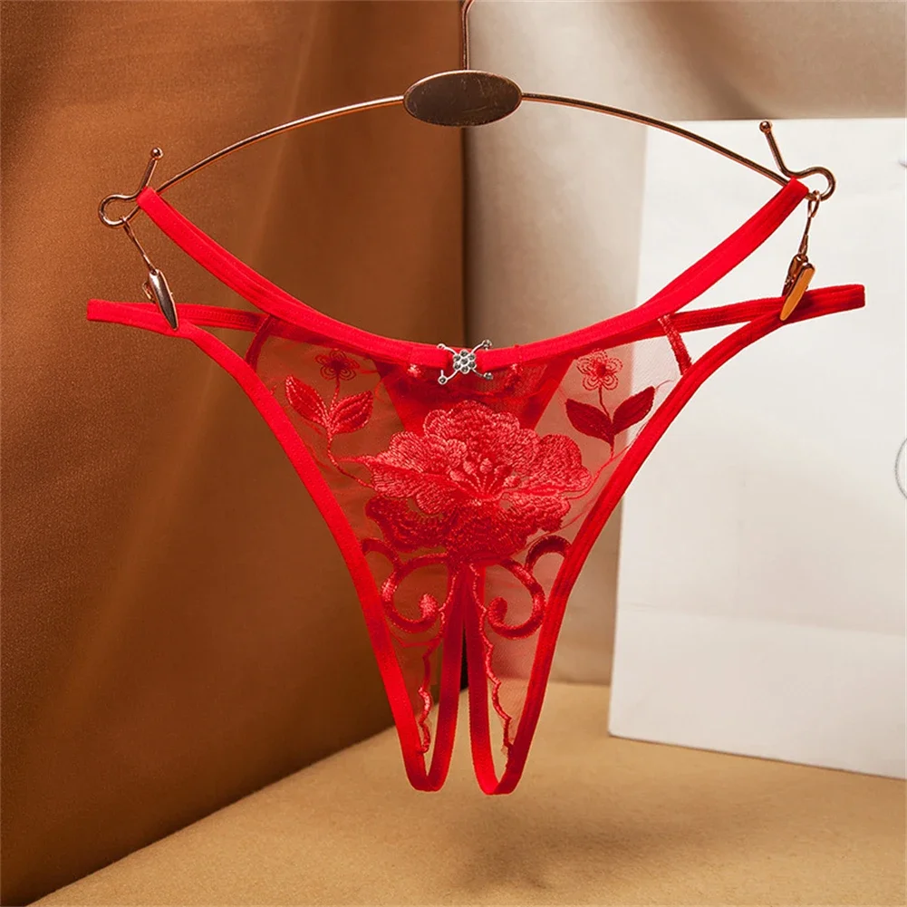 

Women Sexy Open Crotch Underpants Erotic Underwear Sheer Mesh See Through Thong Briefs Flower Embroidery Panties T Back Panties