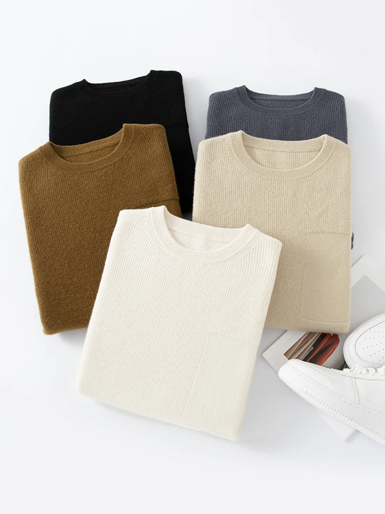 

100% Pure Merino Wool Sweater Men Round Neck Pullover Tops Autumn Winter Thin Solid Color Sweater Smart Casual Basic Shirts