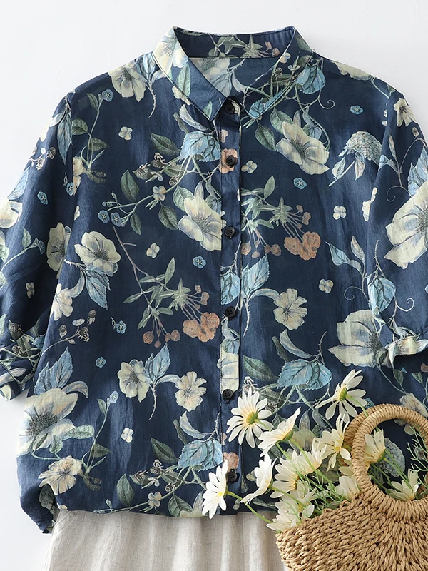 

Retro Floral Print Half Sleeve Shirt Women's Thin Summer Artistic Flower Top Loose Fit Polyester Fiber Regular Sleeve Length