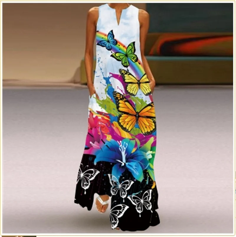 Women's Clothing 2024 Spring Summer Fashion Personalized Street V-neck Print Sexy Long Dress Women Sleeveless Maxi Party Dresses