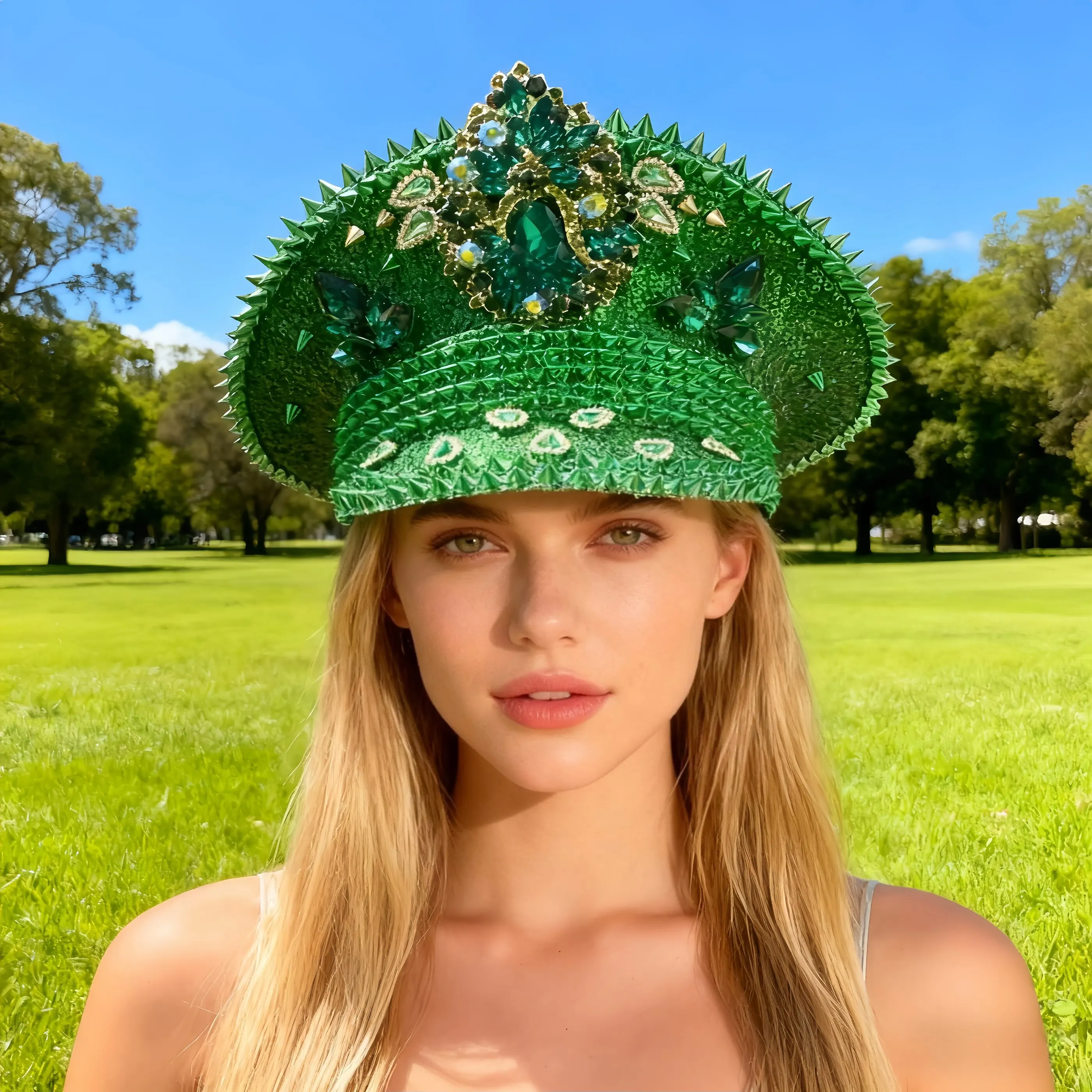 หมวกกัปตันสีเขียวฮงหลวนประดับเพชรสำหรับวันเซนต์แพทริก ผู้หญิง หมวกคอสตูมงานคาร์นิวัลสำหรับผู้ใหญ่ และอุปกรณ์เสริมคอสเพลย์สำหรับผู้หญิง