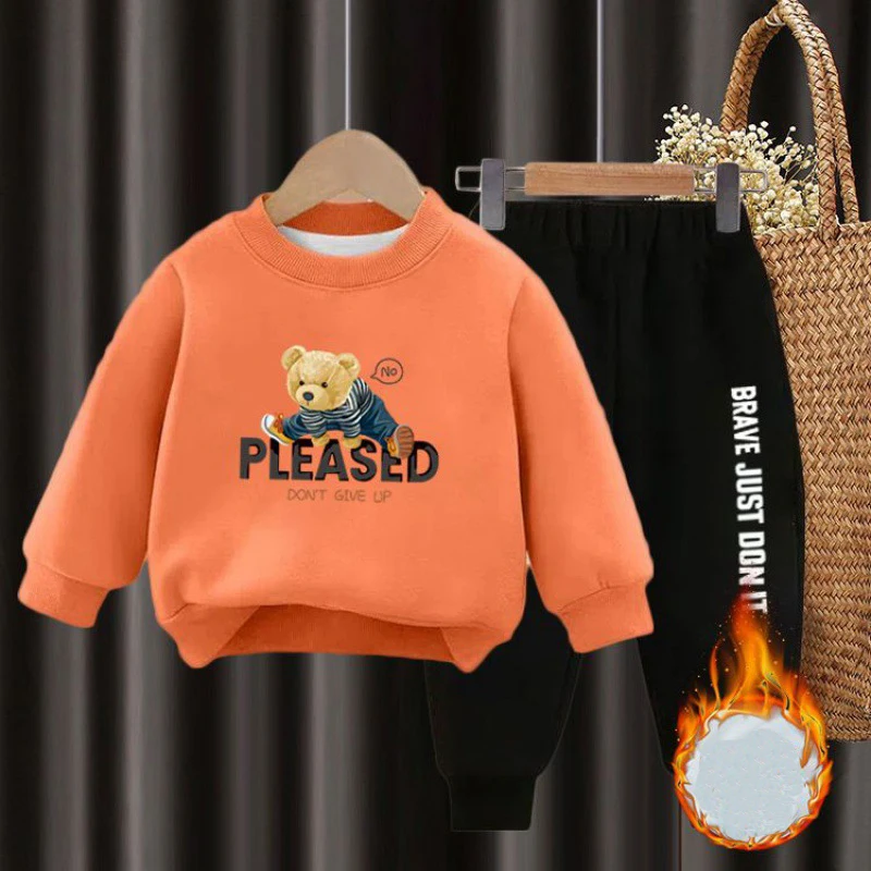 2pcs Boys Girls Children’s Fleece Clothes Outwear Sets Autumn Winter Kids Hooded Sweatshirt Tracksuit Sportwear Suit For 2-10Y