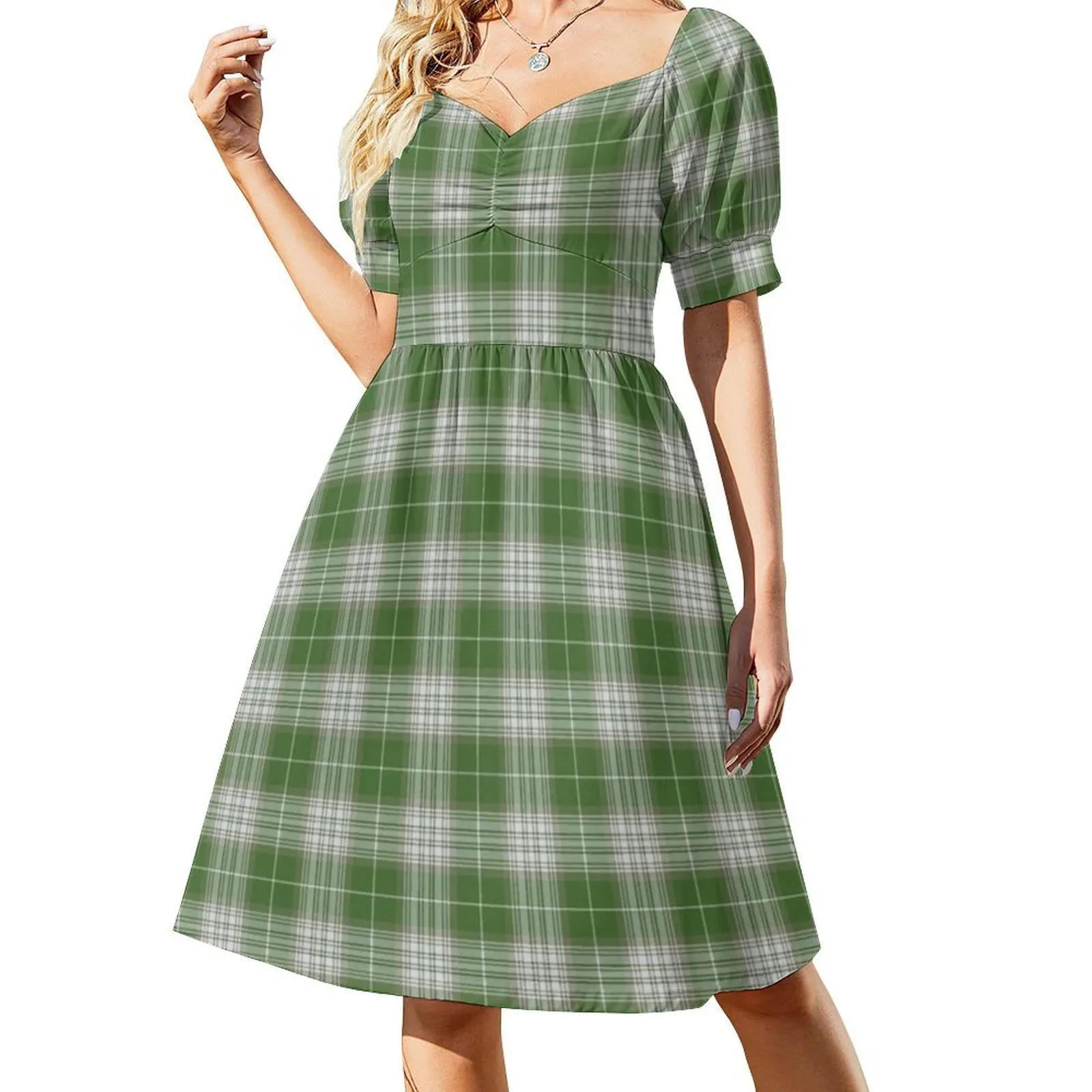 Tartán Clan Kelso Verde tartán Colores gris claro. Vestido de fiesta elegante para mujer Vestido acampanado con opciones cortas/largas/sin mangas