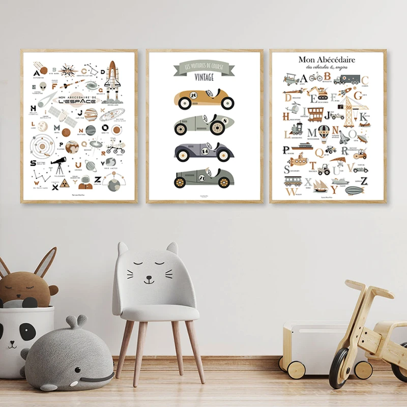 Alphabet Space Planet Universe  Rocket Transportation Cars Nordic Poster Wall Art Canvas Painting Baby Room Decor Print Picture