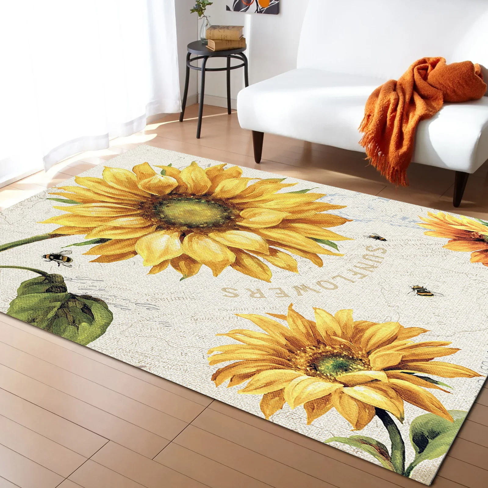 

Vintage Sunflower Bee Living Room Carpet Coffee Table Floor Mat Study Bedroom Bedside Home Decoration Large Rug Floor Mat