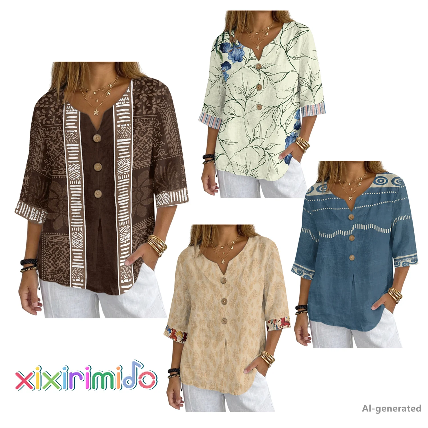 

XIXIRIMIDO Women's Linen Short-Sleeve V-Neck Shirt Ethnic Style Classic Casual T-Shirt Summer Vacation Fashion Clothing 2026