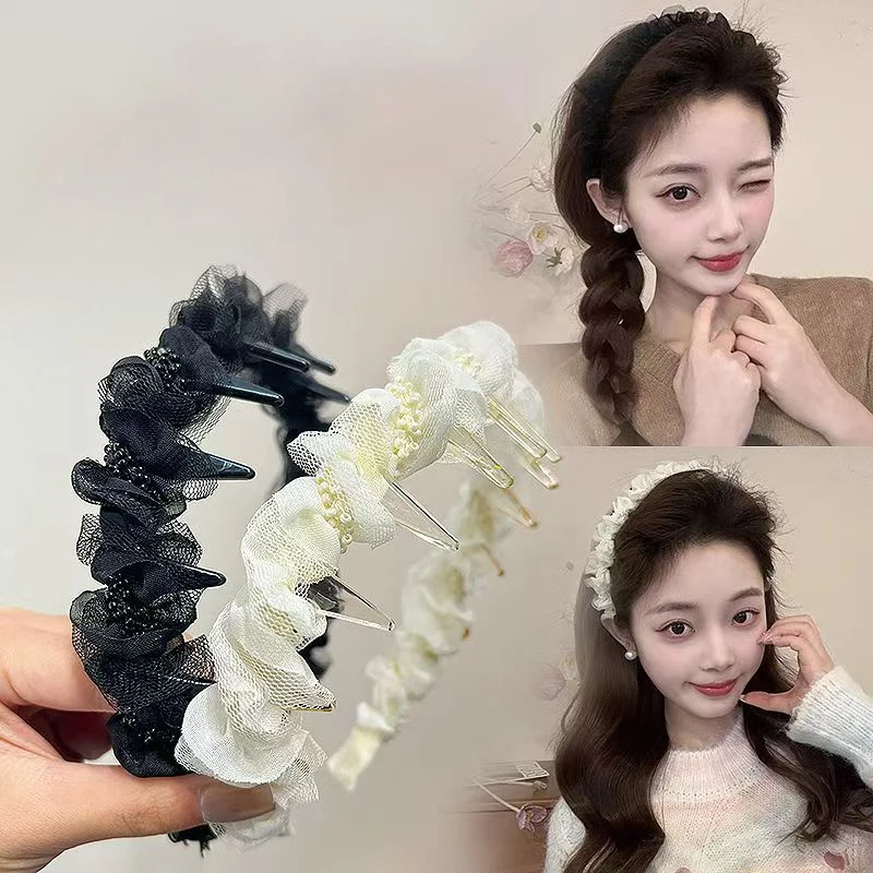 Mesh-Perlen-Stirnband, klassisches schwarz-weißes Stirnband, eleganter weiblicher All-Match-Haarschmuck