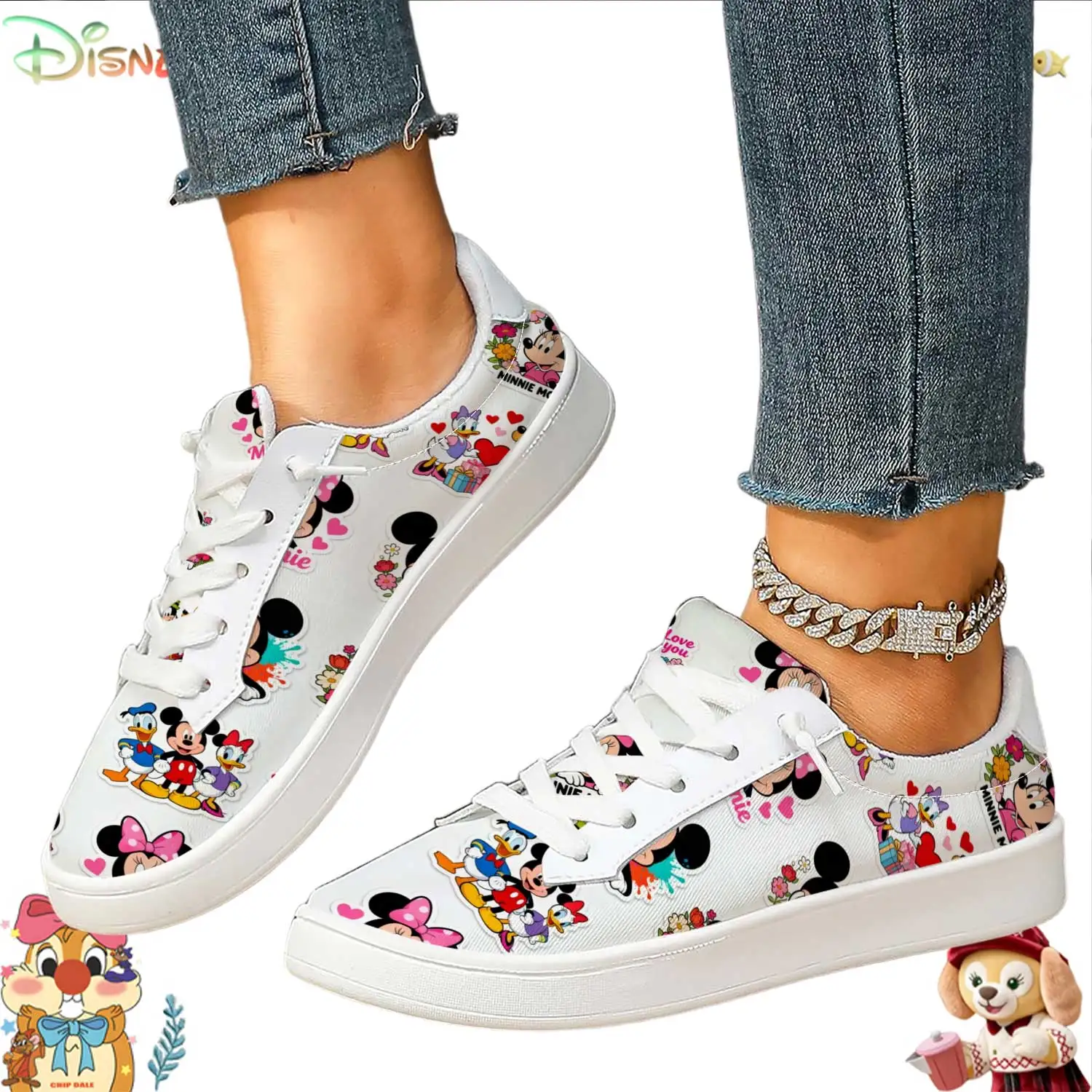 

Cute Disney Cartoon Sticker Print Women's White Lace-up Casual Sneakers Comfortable Flat Shoes