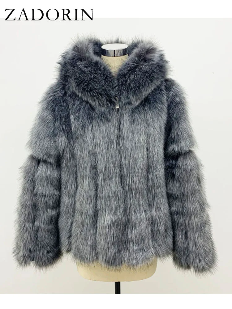 ZADORIN New Luxury Faux Silver Fox Fur Coat Women Hooded Front Zipper Furry Warm Winter Faux Fur Jacket Office Lady Fur Coats