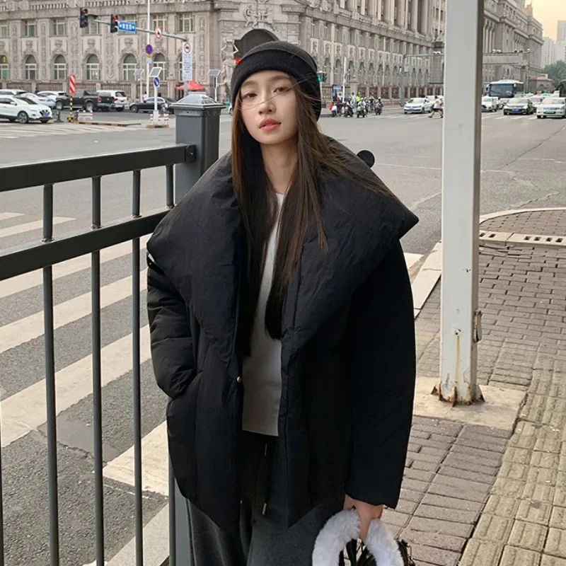 

Women's Winter Lapel Puffer Jacket Loose Y2K Fashion Down Cotton Coat Woman Solid Color Casual Windproof Warm Cropped Parkas