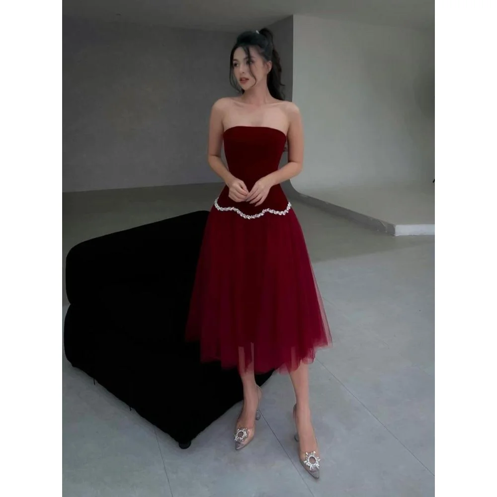 

Customized New In Evening Dresses A-line Gala Dresses Elegant Evening Party Strapless Cocktail Prom Dress Midi Tulle Party Dress