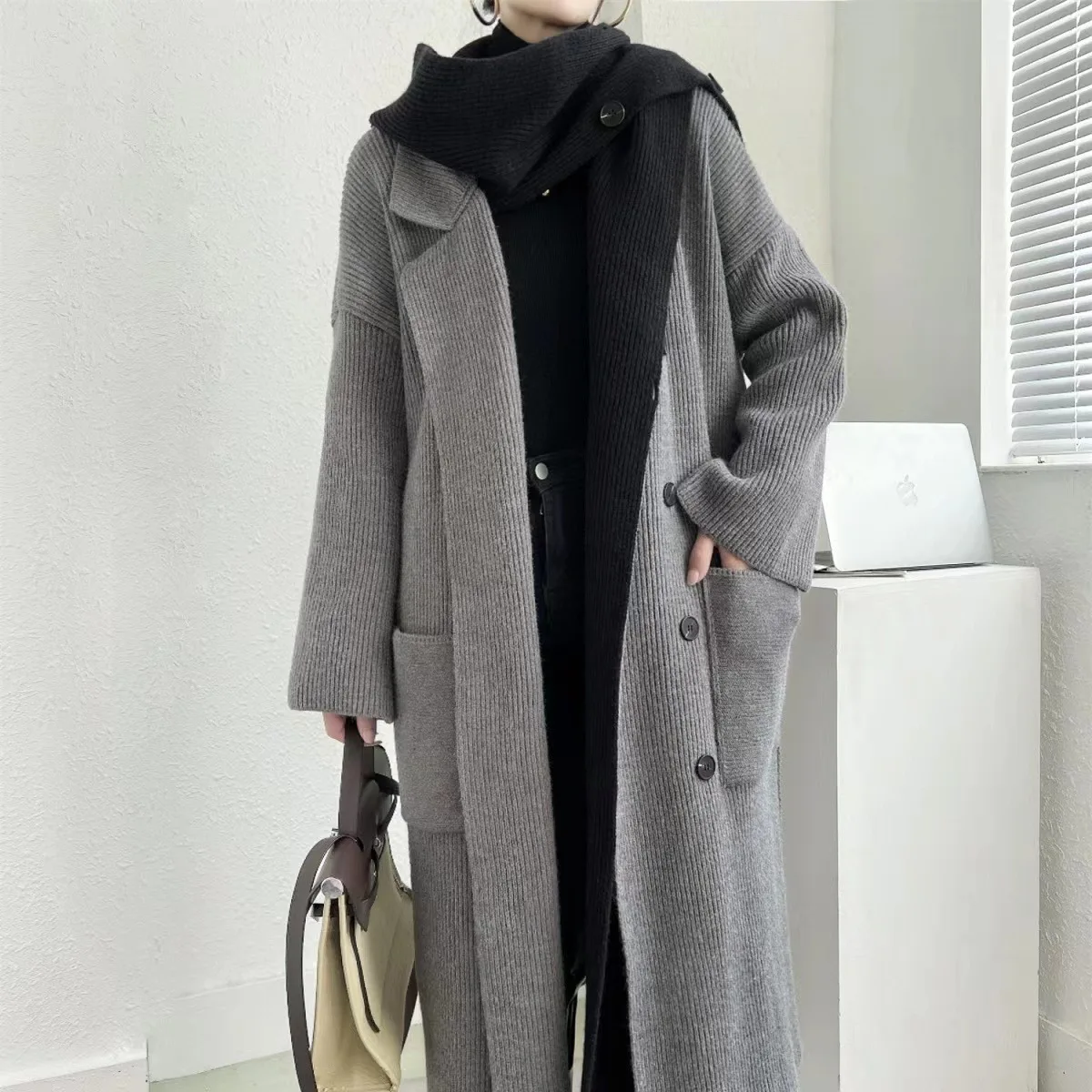 KWTX 여성용 2025 신상 컬러 블록 후드 롱라인 가디건 코트 더블 브레스티드 두꺼운 따뜻한 페이크 투피스 패치워크 포켓