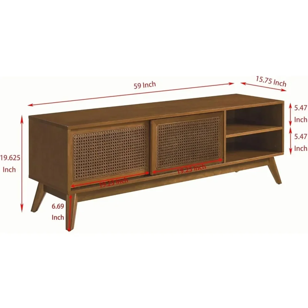 59 Inch Mid Century Modern TV Stand with Rattan Cabinet Doors, Boho TV Stand for 65 Inch TVs, Living Room/Bedroom TV Stand