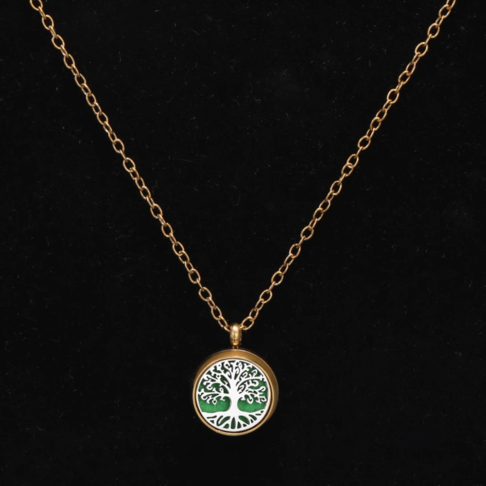Golden 12mm Spiral 361L Stainless Steel Tree of Life Aromatherapy Necklace Woman Essential Oil Diffuser Perfume Lockets Pendant