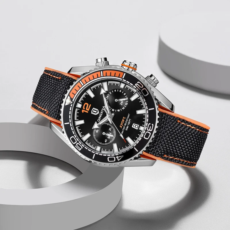 QINGXIYA Brand Sports Silicone Strap Chronograph Quartz Watch for Men Waterproof Calendar Fashion 24 Hours Luxury Mens Watches