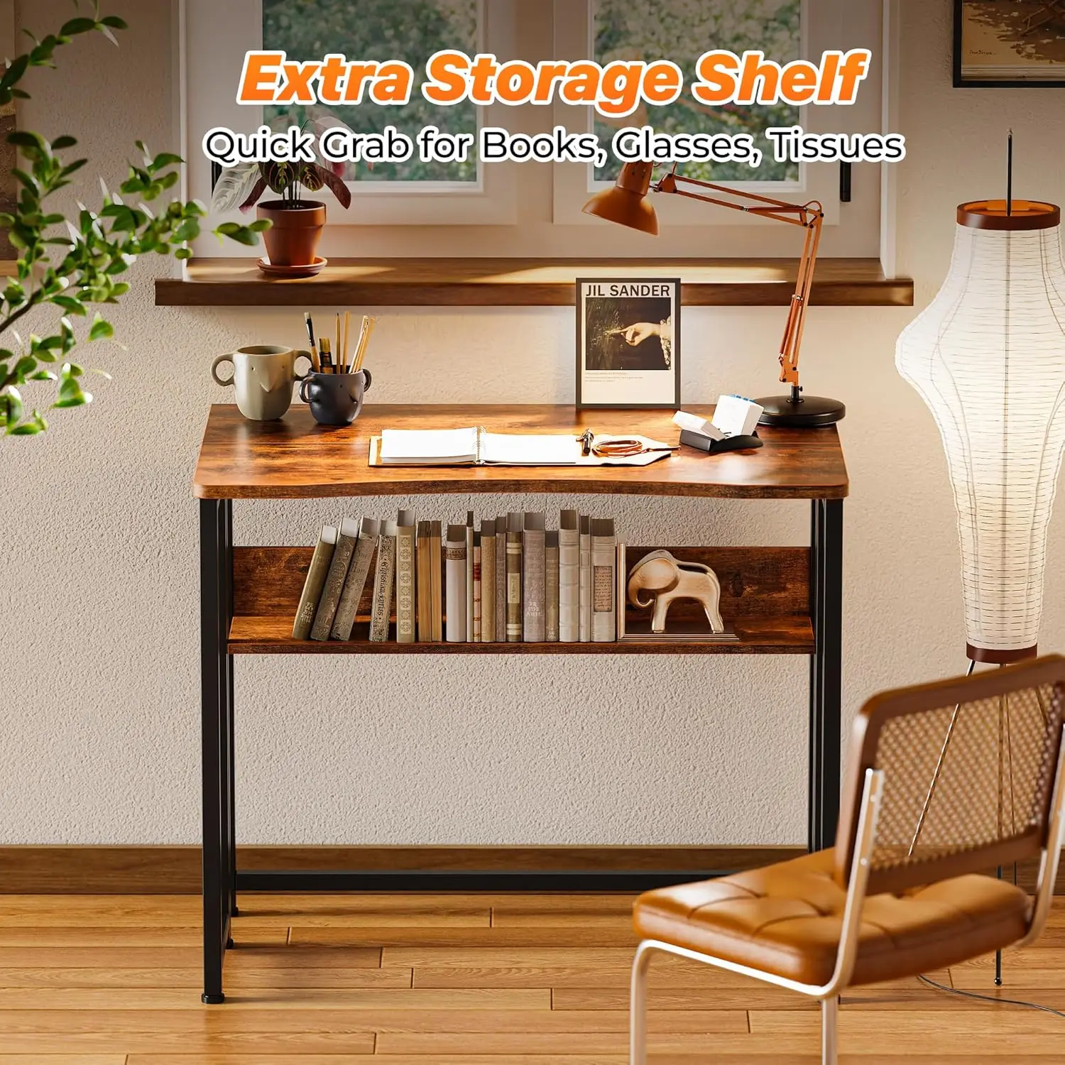 31.5 Inch Foldable Computer Desk with Storage Shelf, Space Saving Office Table for Small Spaces, Rustic Brown