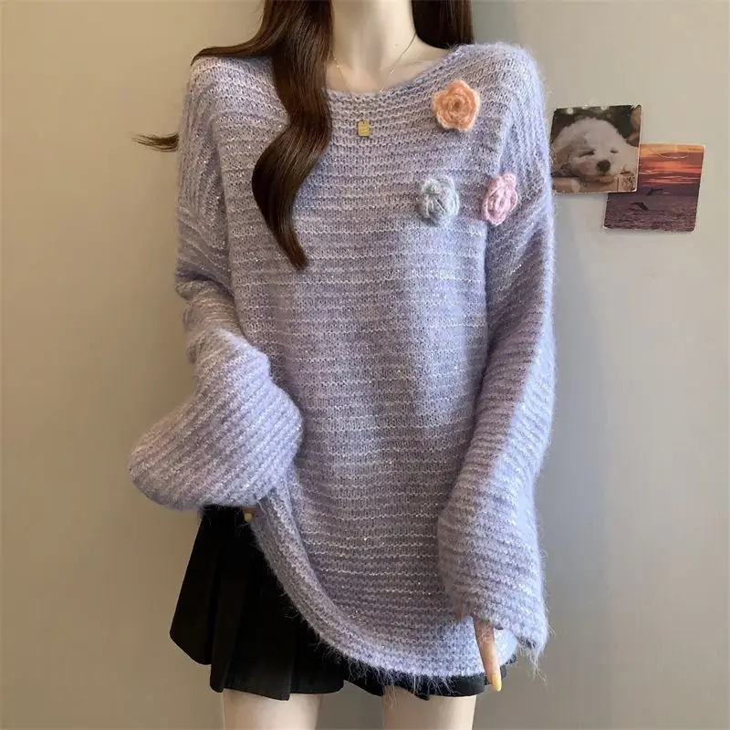 

Purple Three-dimensional Flower Sweater Women's Autumn Top Mid-length Round Neck Long Sleeve Versatile Fashionable Sweater