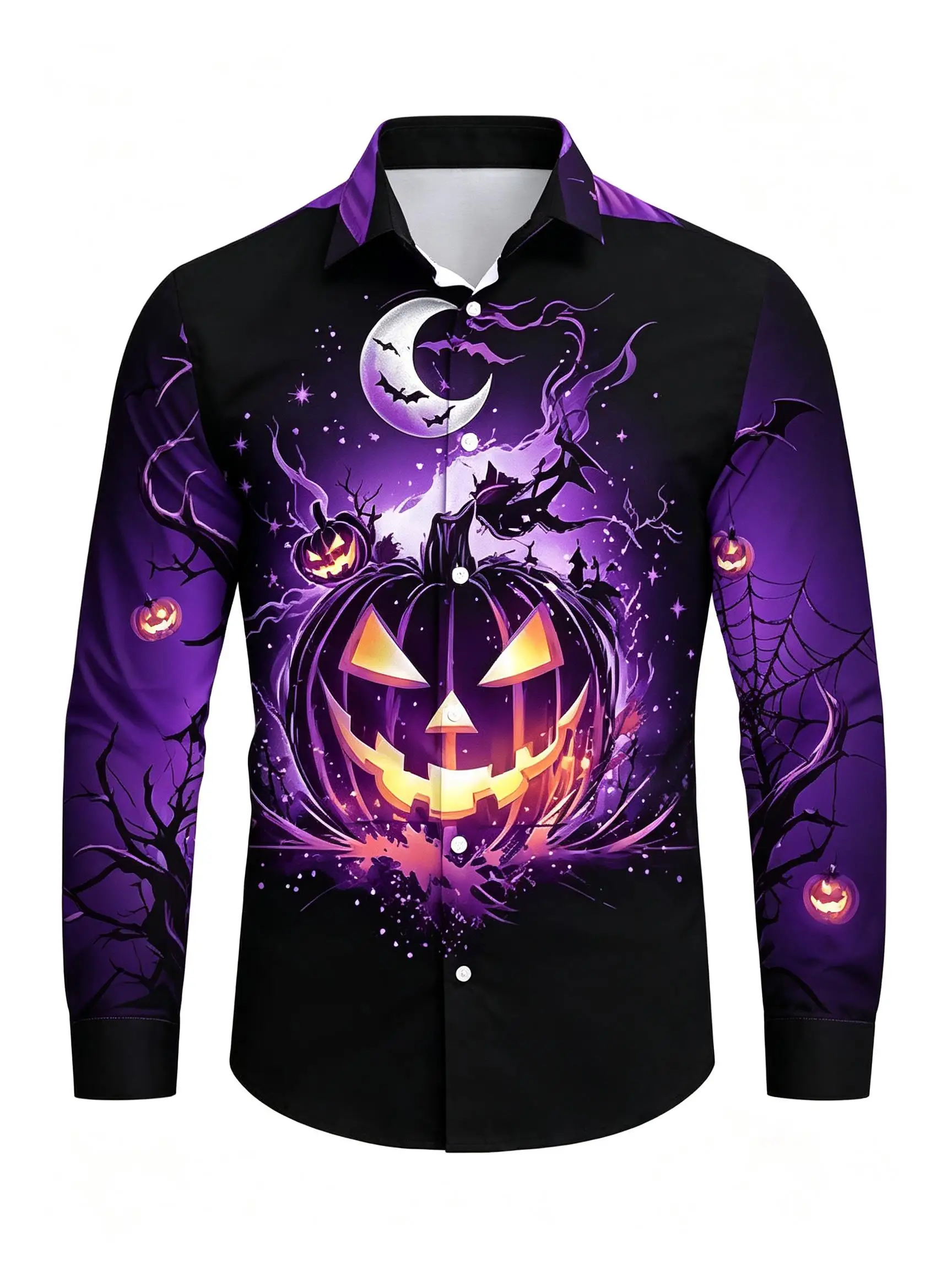 Fashion Men Button-Up Shirt Spooky Glowing Pumpkin Bat Moon Art Pattern Polyester Halloween Festival
