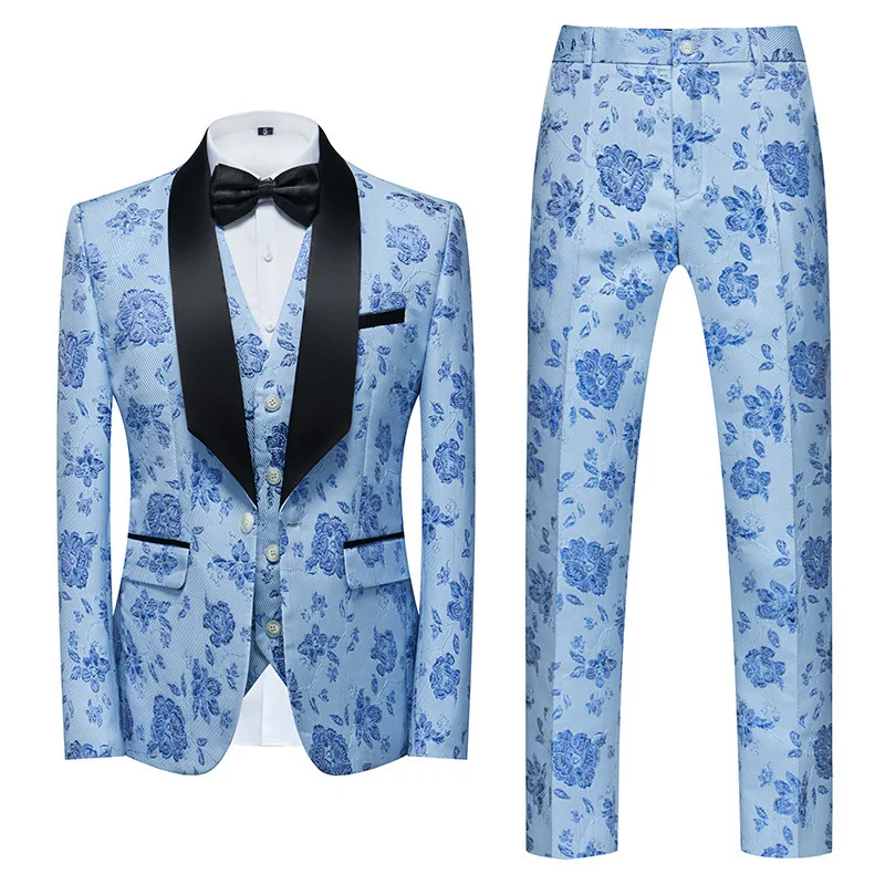 

KIDWHXR Suit Outfit Men Fashion Contrast Color Flower Printed Male 3-piece Set Single-breasted Long Sleeve Slim Stage Man Suits