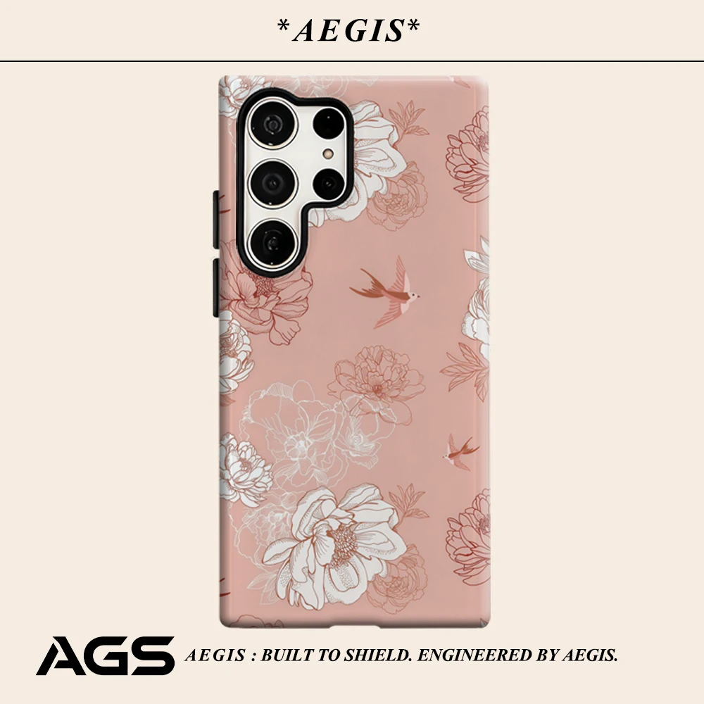 Pink Peony Bird Phone Case for Samsung Galaxy S25 Ultra S24 S23 Ultra Plus Glossy Double-layer Back Cover